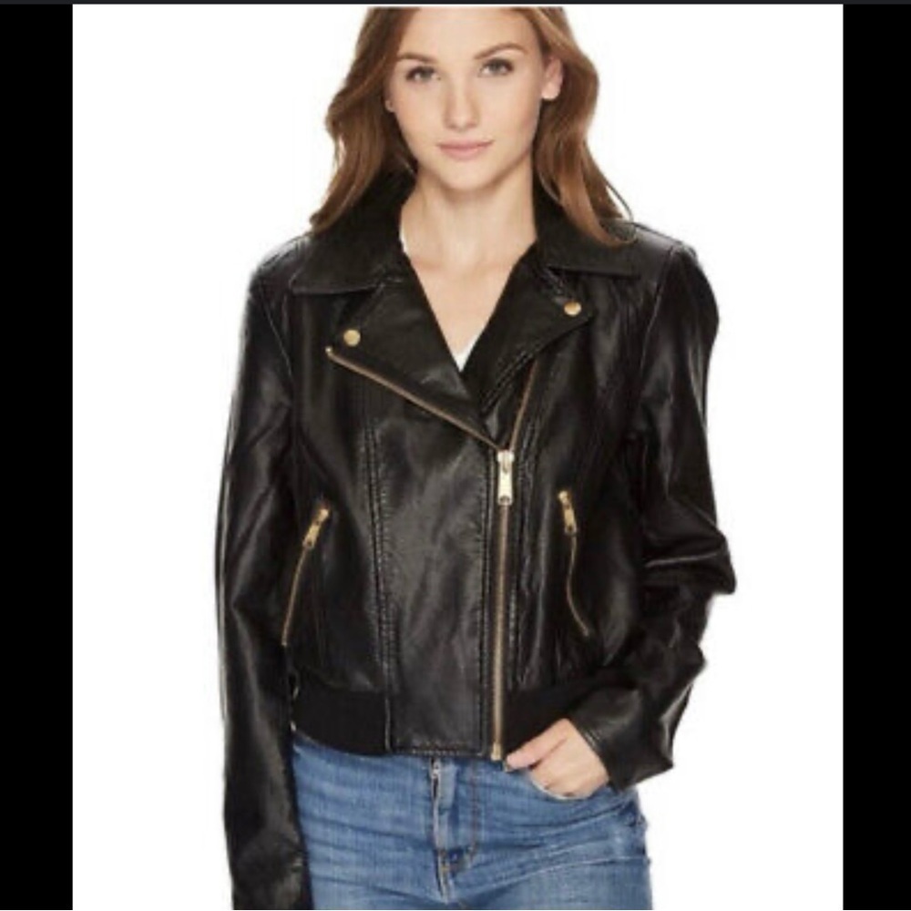 Free People Black Leather Bomber Jacket with Gold Hardware
